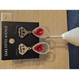 Saks Fifth Avenue Red Teardrop Earrings with Diamond Accents